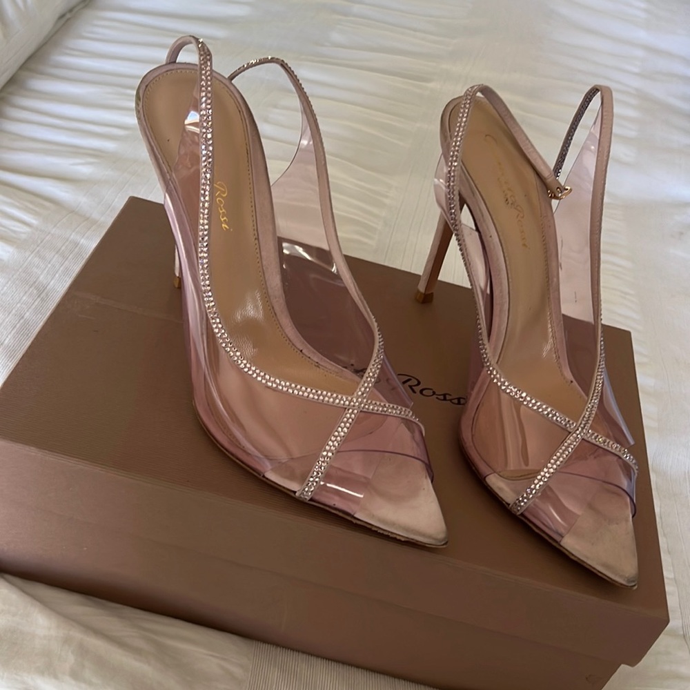 Gianvito Rossi heels. Plexi Open toe heels with crystals.. 105mm
